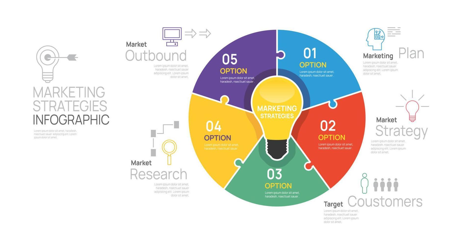 Infographic Marketing Strategies template for business. Modern Timeline 5 step, digital sale marketing data, presentation vector infographics.