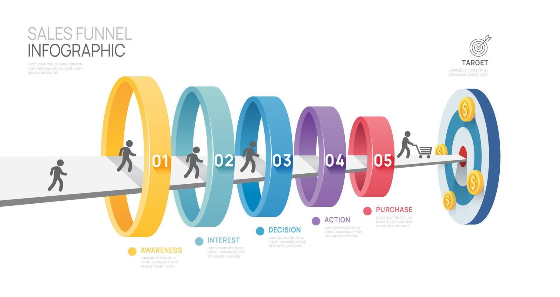 Infographic Sales funnel diagram template for business. Modern  Timeline 5 step level, digital marketing data, presentation vector infographics.