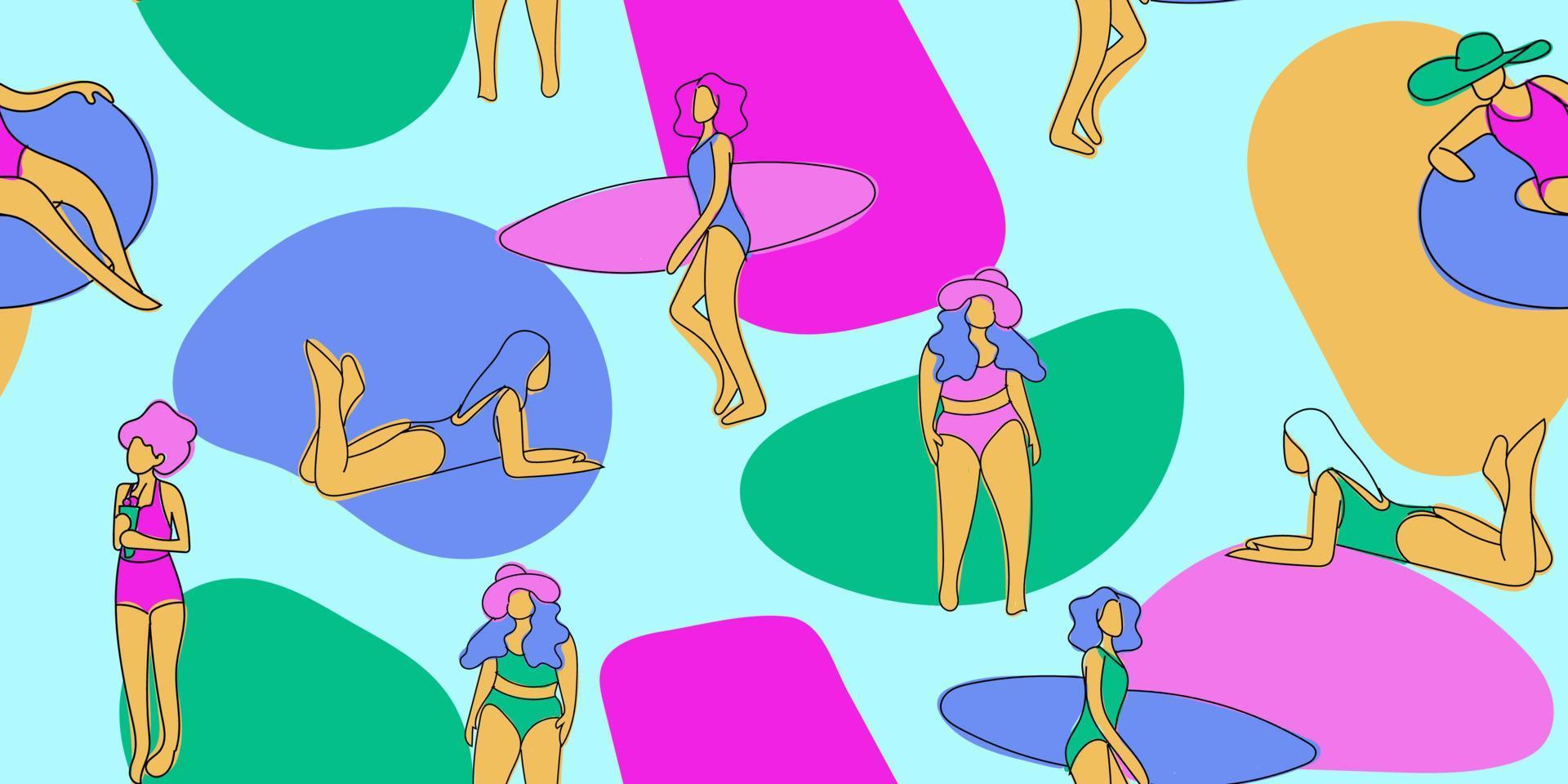 Summer beach seamless pattern in vector. Surf illustration in retro mid century style. vector