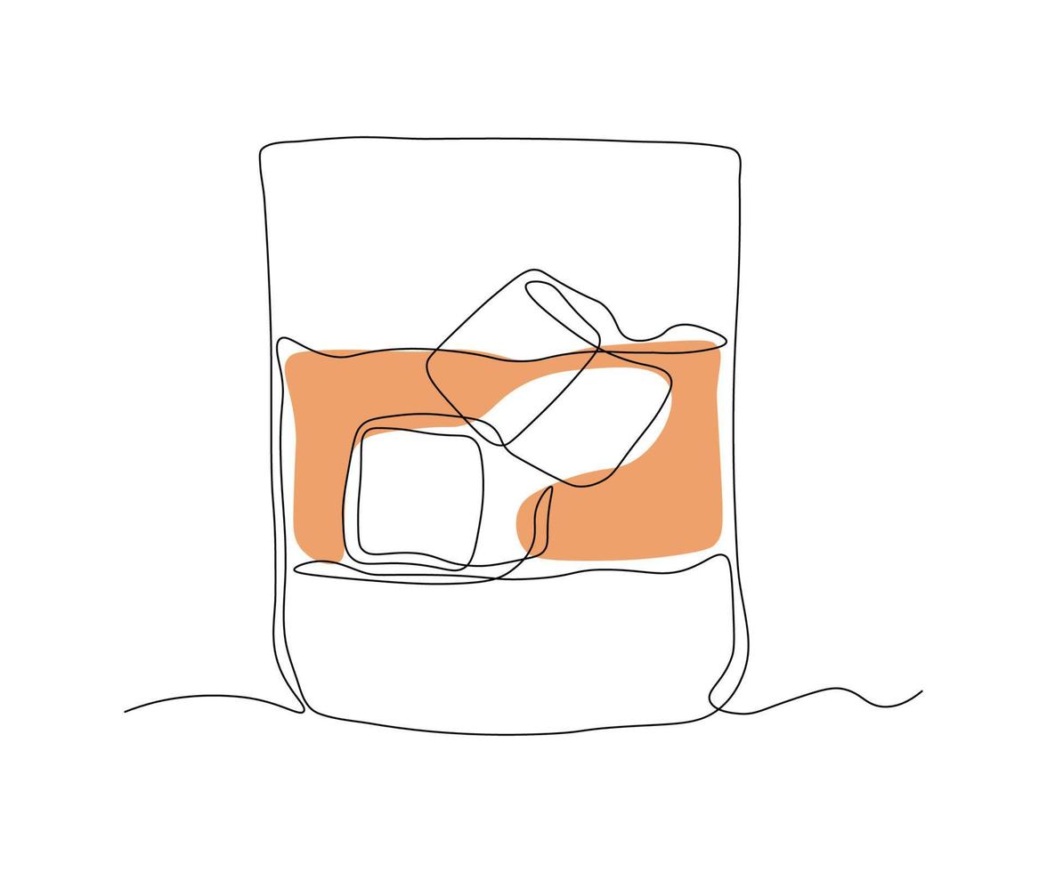 whiskey glass with ice cubes Continuous One Line Drawing vector