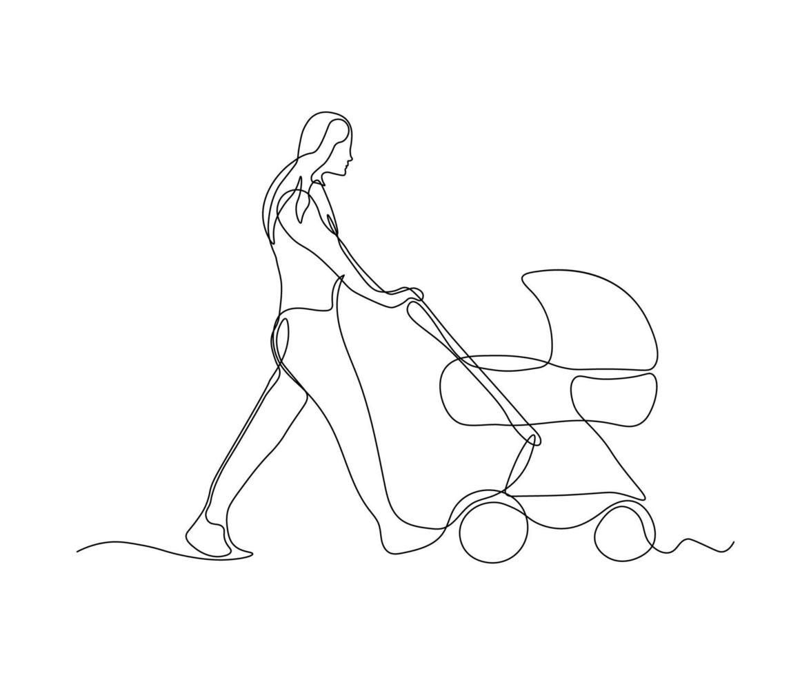 abstract woman with a stroller with a child Continuous On Line Drawing vector