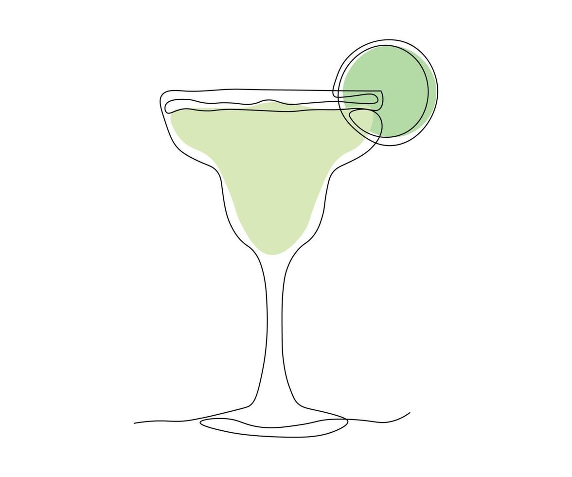 Margarita cocktail, tequila with liqueur and lime juice and lime slice Continuous One Line Drawing vector