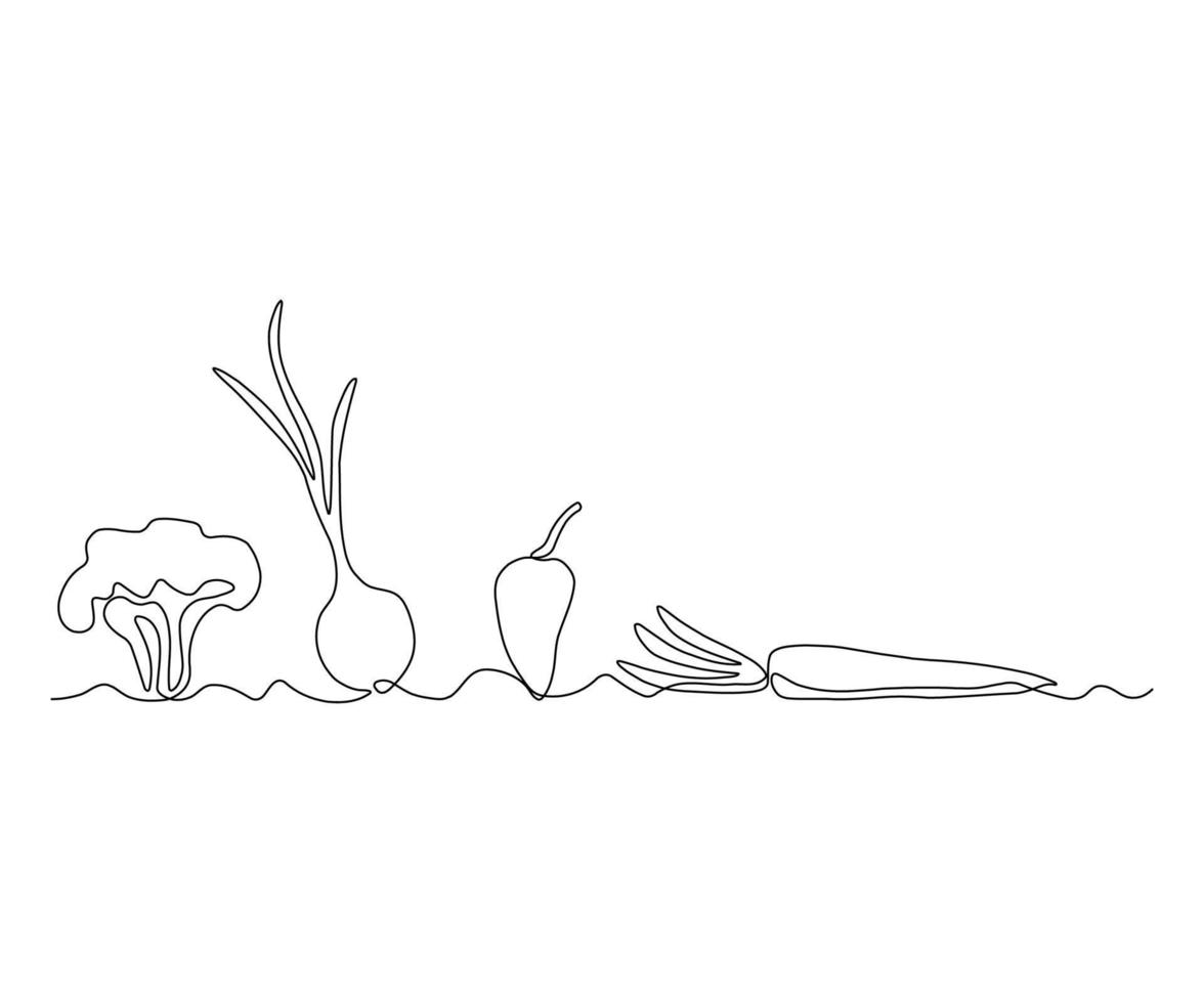 set of vegetables broccoli, onion, carrot, pepper Continuous One Line Drawing vector
