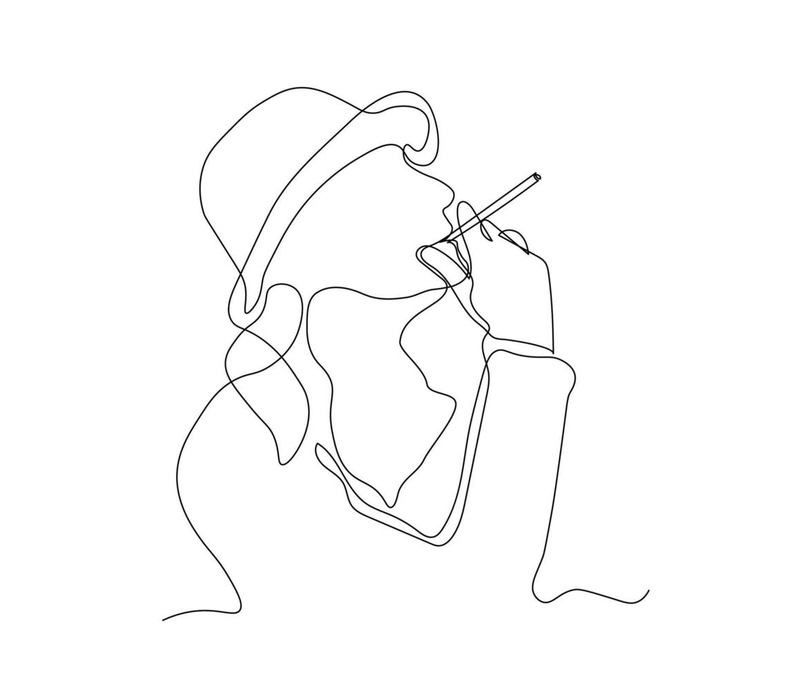 resumen niña en un sombrero, dama con un cigarrillo continuo en línea dibujo vector