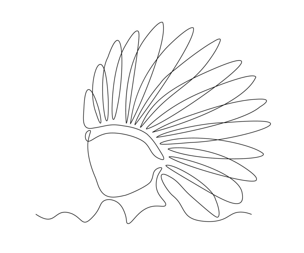 abstract Indian Head without Face with Feathers Continuous On Line Drawing vector