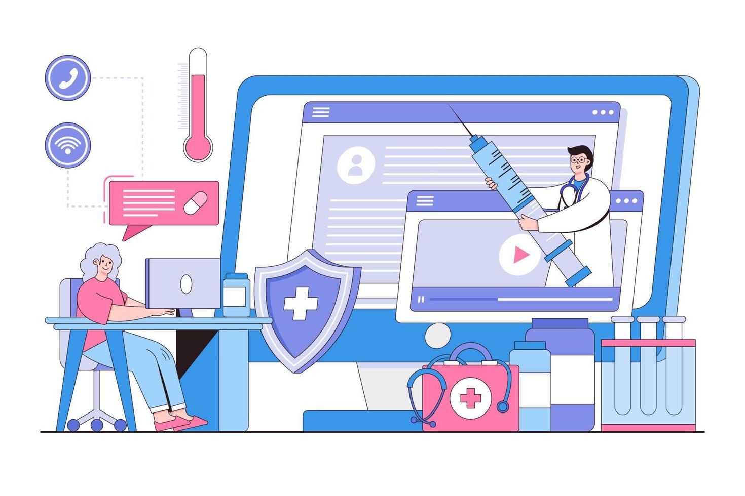 telemedicina, en línea cuidado de la salud y apoyo servicios concepto. mayor mujer consulta con utilizando su computadora. contorno diseño estilo mínimo vector ilustración para aterrizaje página, héroe imágenes