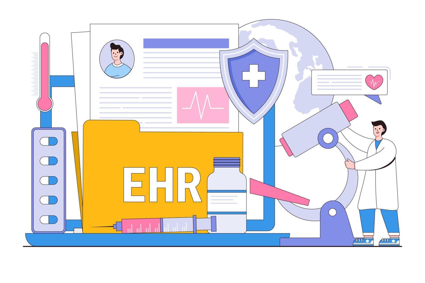 EHR - Electronic Health Record, Electronically-Stored Patient health information concept with doctor character. Outline design style minimal vector illustration for landing page, hero images