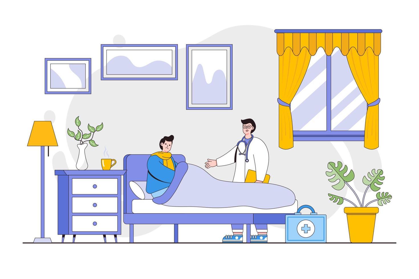 Doctor at home concept. Doctor visiting man in his house. Man lying in bed while having examination with doctor pediatrician. Outline design style minimal vector illustration for landing page