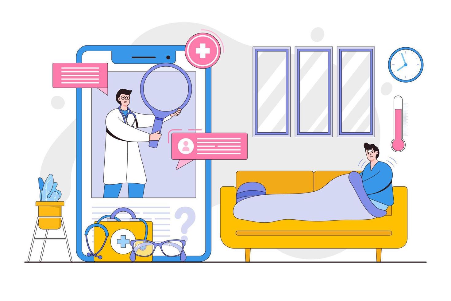 Online diagnosis concept with characters. Outline design style minimal vector illustration for landing page, web banner, infographics, hero images
