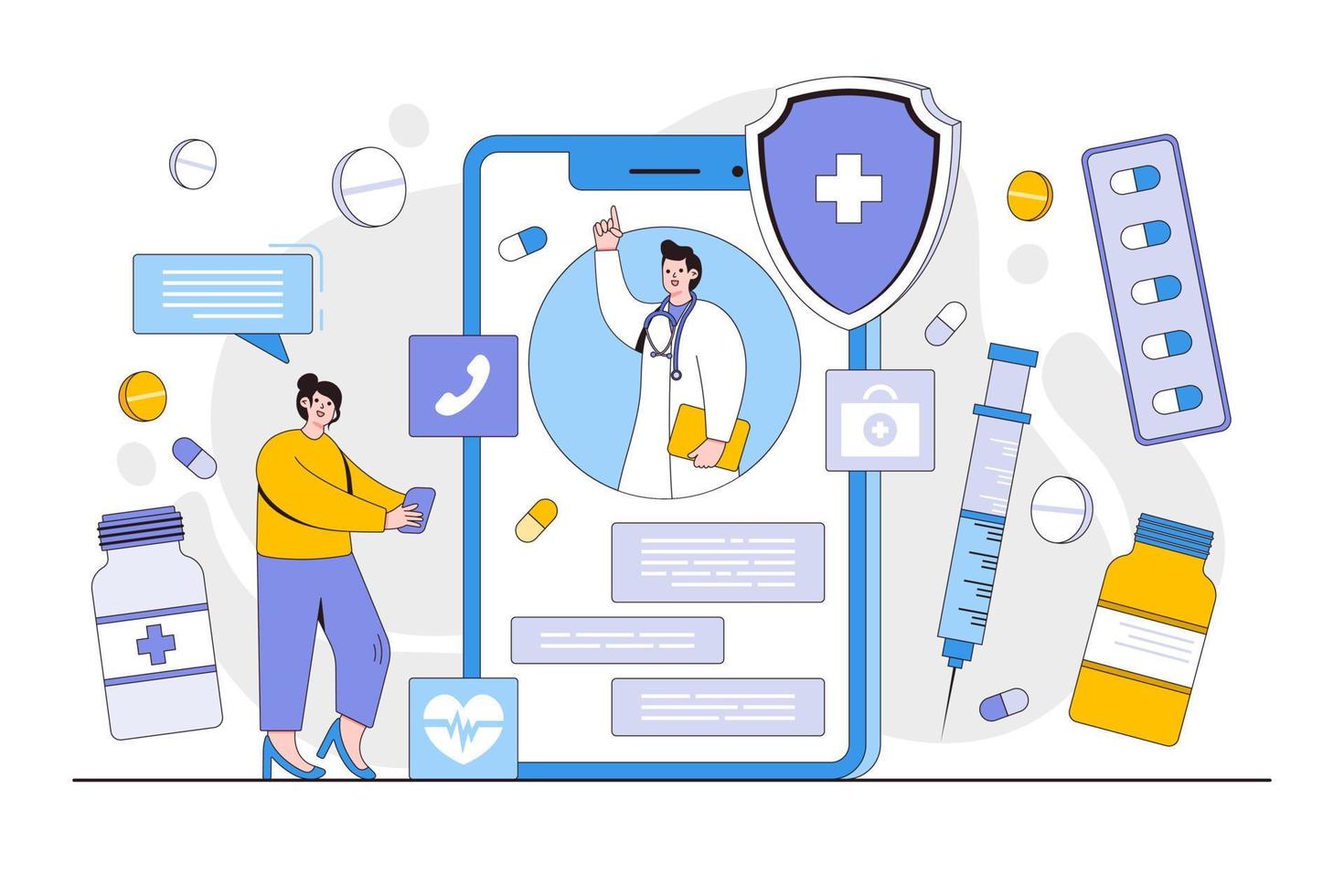 telemedicina, telesalud servicios, médico en línea consulta concepto con médico en móvil teléfono pantalla. contorno diseño estilo mínimo vector ilustración para aterrizaje página, web bandera, héroe imágenes