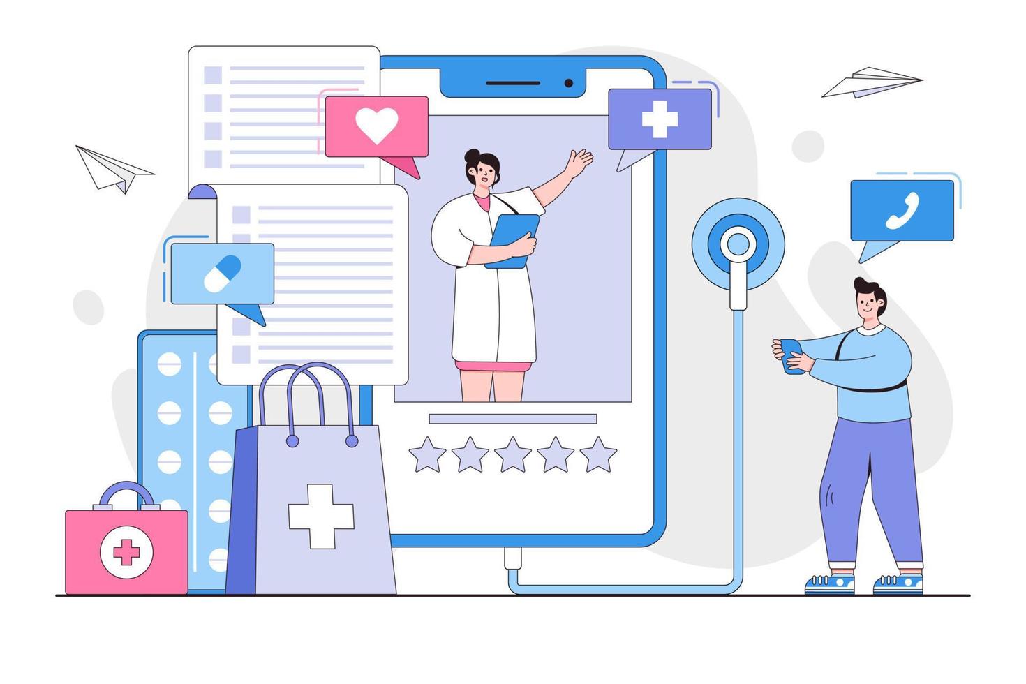 telesalud servicio, médico en línea consulta concepto con médico en móvil teléfono. contorno diseño estilo mínimo vector ilustración para aterrizaje página, web bandera, infografía, héroe imágenes