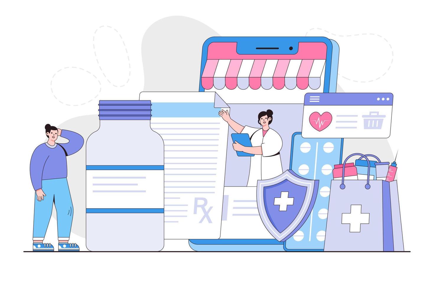 en línea farmacia concepto con hembra médico farmacéutico en en línea farmacia dentro teléfono inteligente hombre comprando medicamentos, médico suministros, pastillas y drogas mínimo vector ilustración para aterrizaje página