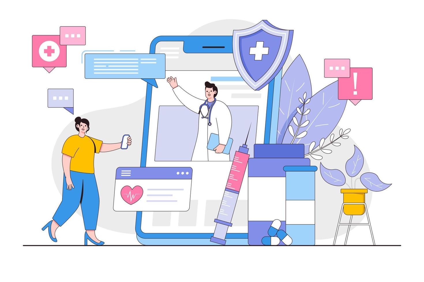 Online doctor concept with people character. Professional male doctor giving advice to patient through smartphone. Telemedicine, telehealth and healthcare. Vector illustration for landing page