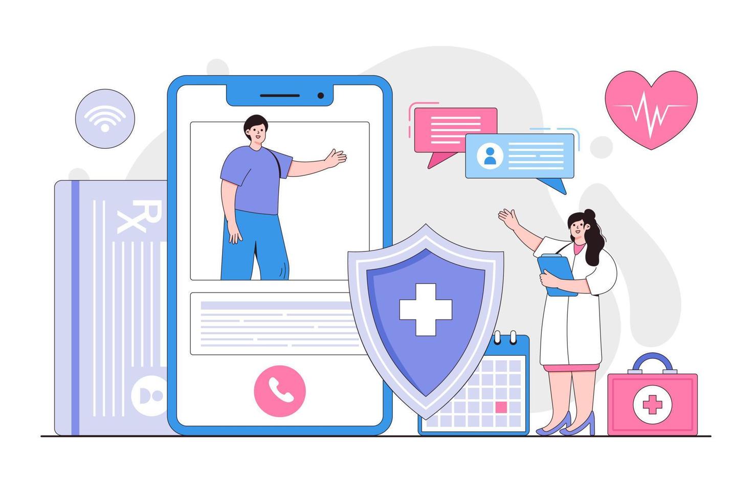 Telemedicine, healthcare service, online doctor concept. Medical consultation by internet. Outline design style minimal vector illustration for landing page, web banner, infographics, hero images