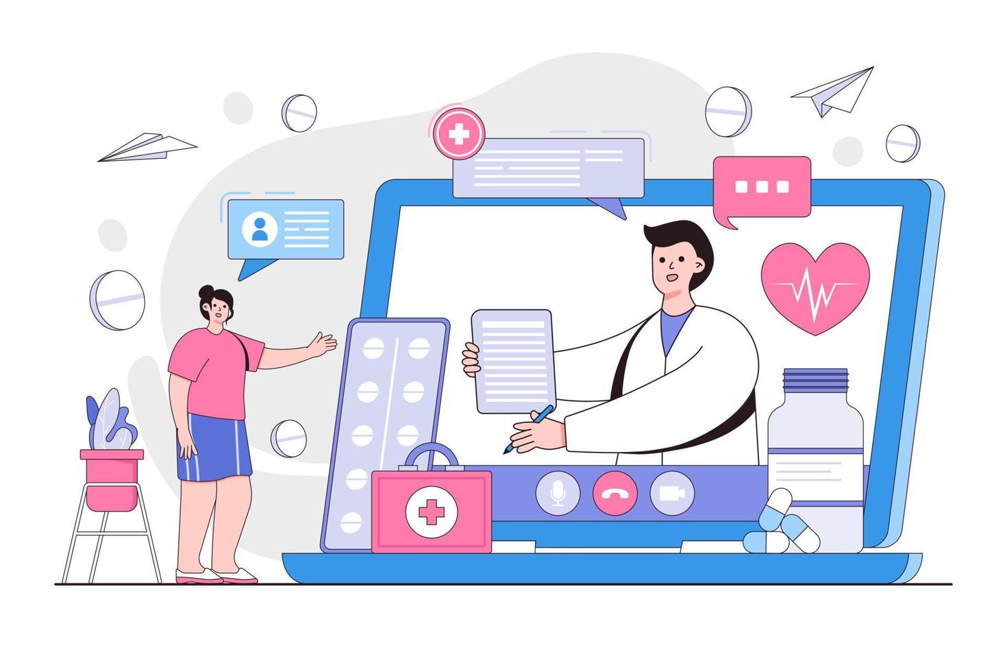 telemedicina, virtual cuidado de la salud, remoto médico ayuda concepto. médico y paciente durante en línea vídeo llamadas contorno diseño estilo mínimo vector ilustración para aterrizaje página, web bandera, héroe imágenes