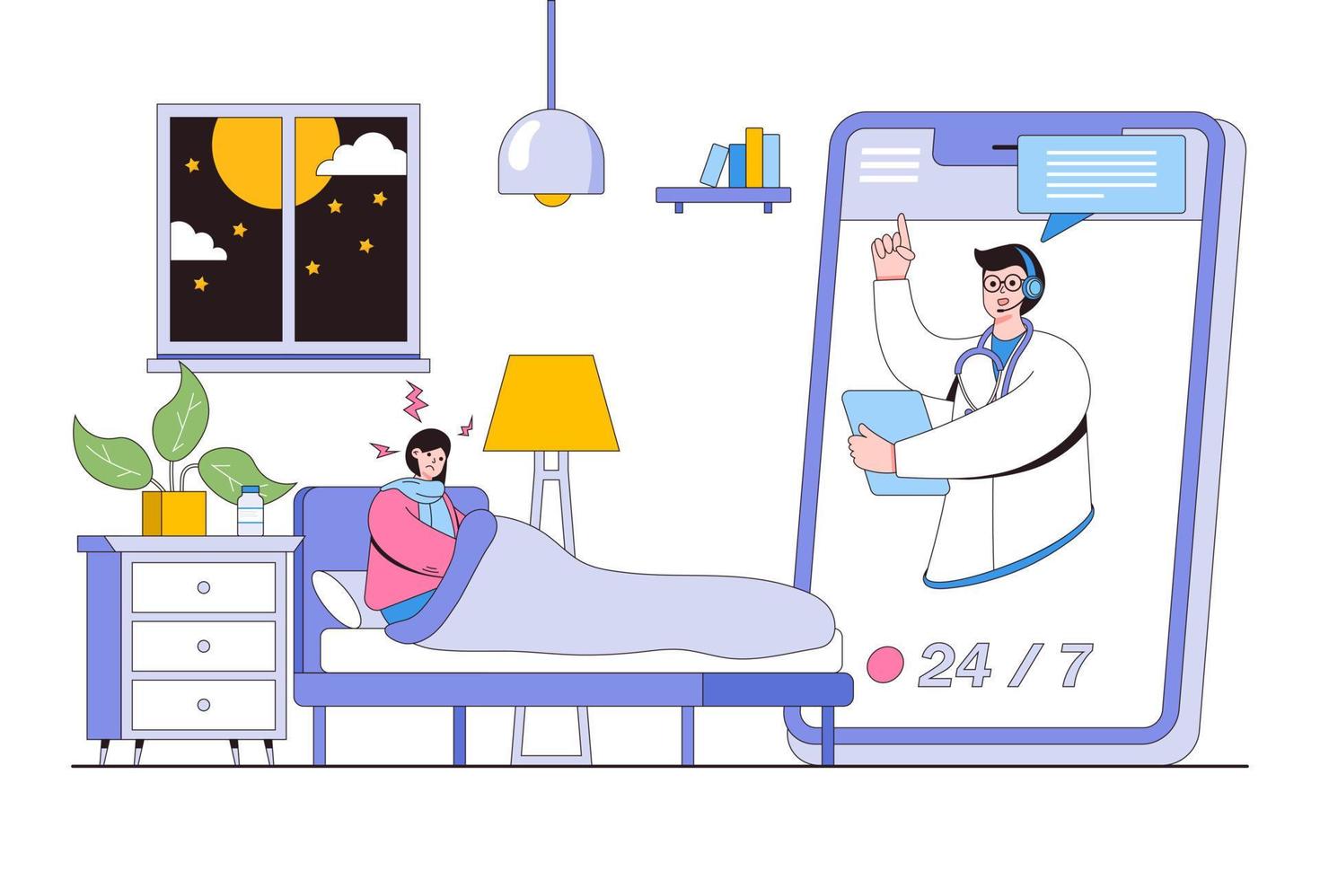 247 en línea doctor, telemedicina apoyo concepto. paciente teniendo vídeo llamada vía teléfono inteligente con su médico en el noche a dormitorio. contorno diseño estilo mínimo vector ilustración para aterrizaje página