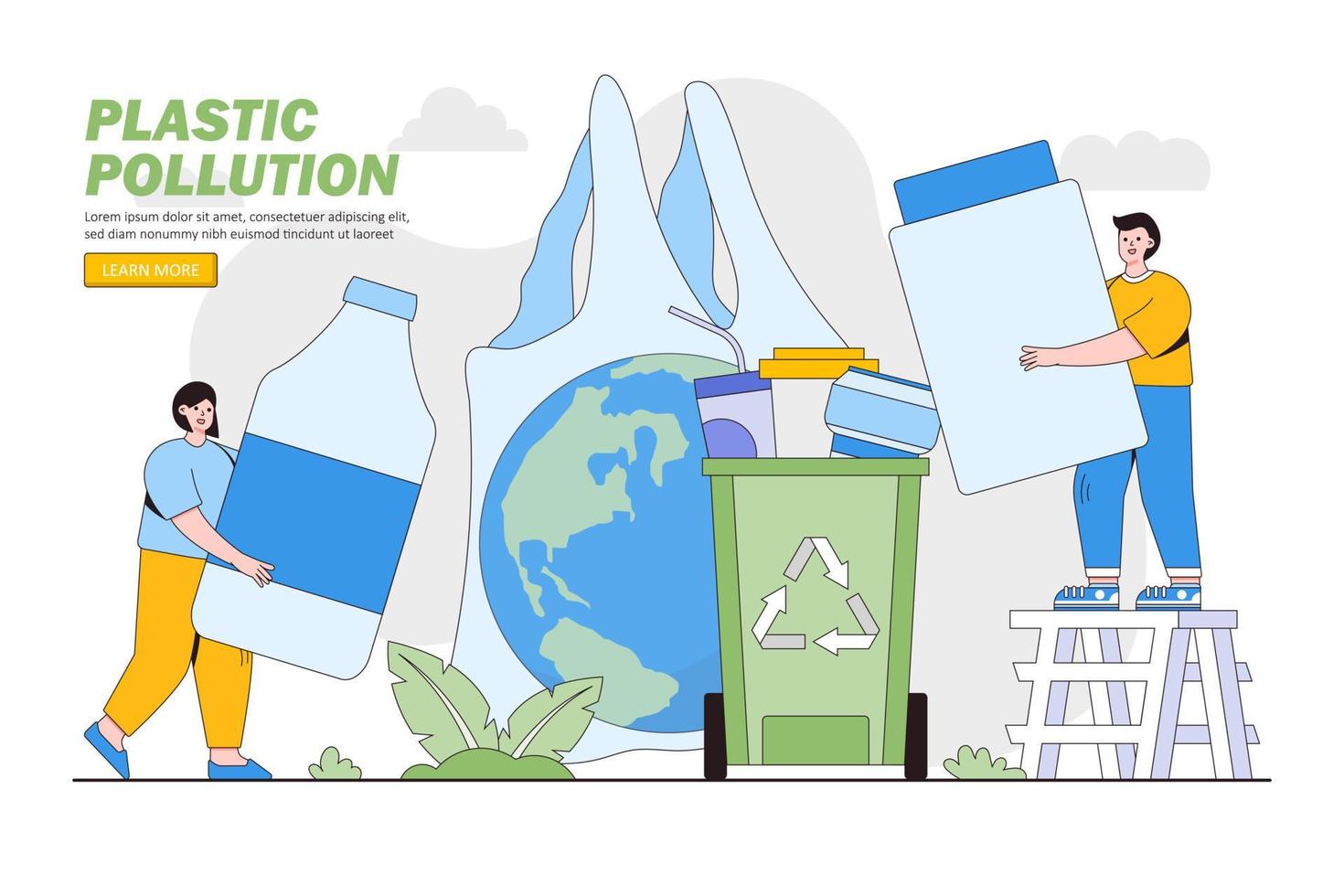 Plastic pollution problem concept. People collecting and sorting plastic trash into recycling garbage bin. Environmental and earth day vector cartoon illustration for landing page, hero images