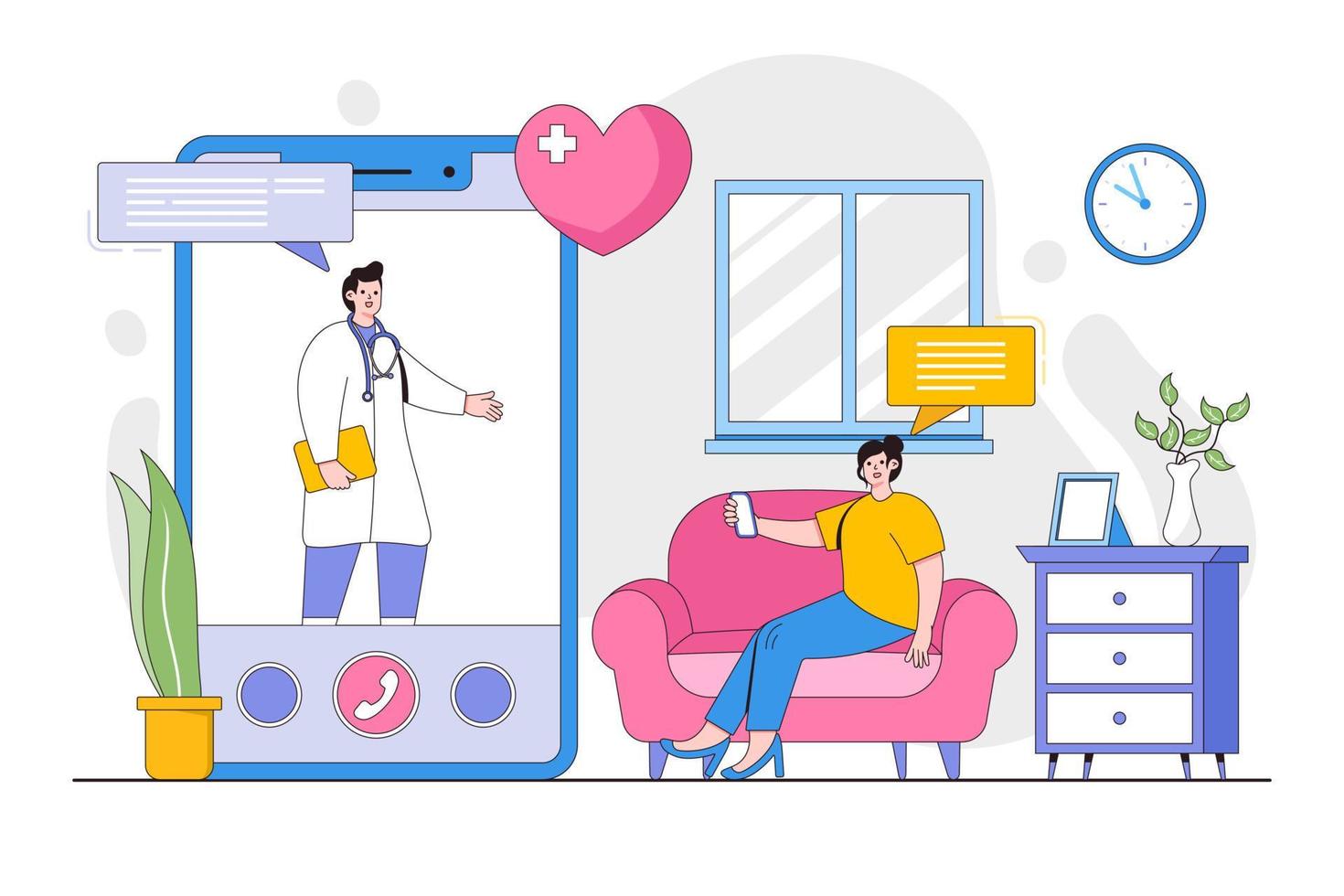 Telemedicine and telehealth concept with people character. Woman video call with her online doctor. Outline design style minimal vector illustration for landing page, web banner, hero images