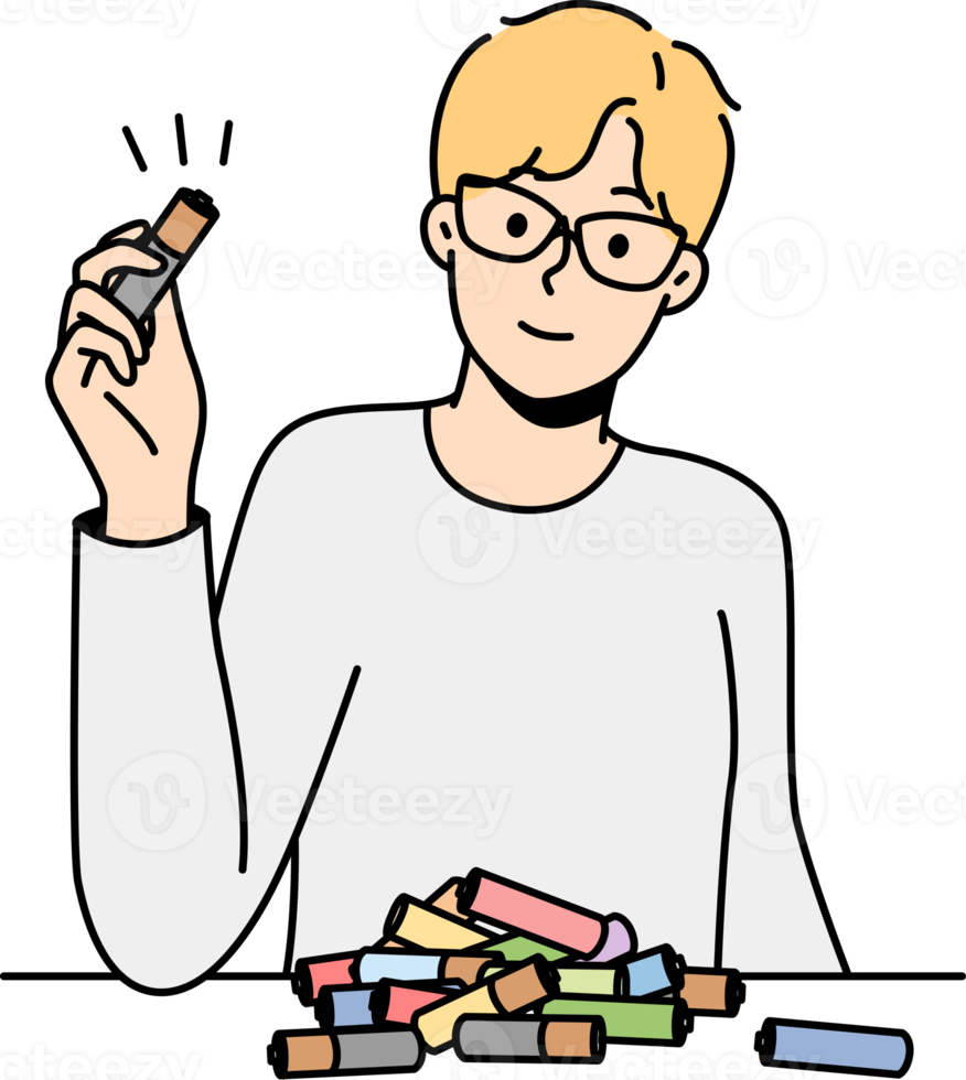 jongen verzamelt elektrisch cellen naar gebruik, beschikbaarheid, recyclen. png