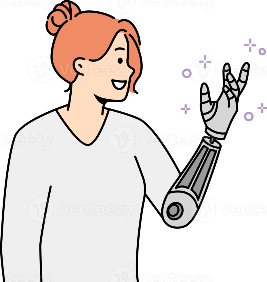 Smiling woman with bionic arm png