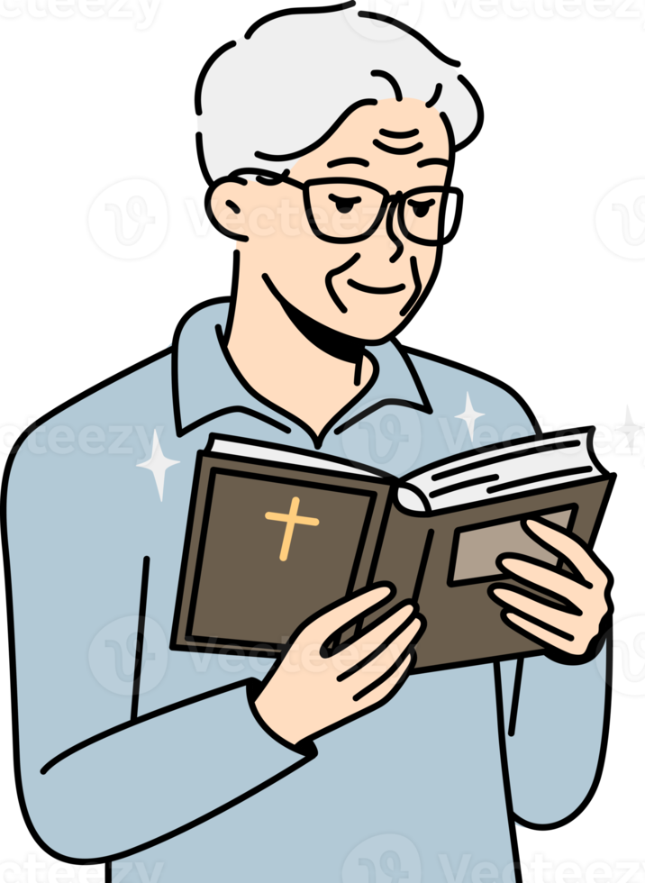 personnes âgées homme regards dans saint écriture, lit Bible. png