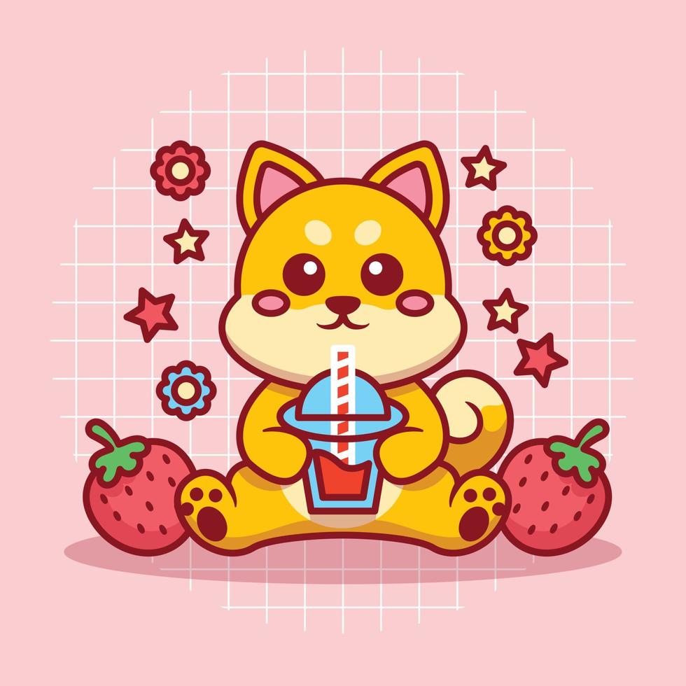 Cute Shiba Inu Drinking Strawberry Juice Chibi Style Vector Cartoon Illustration