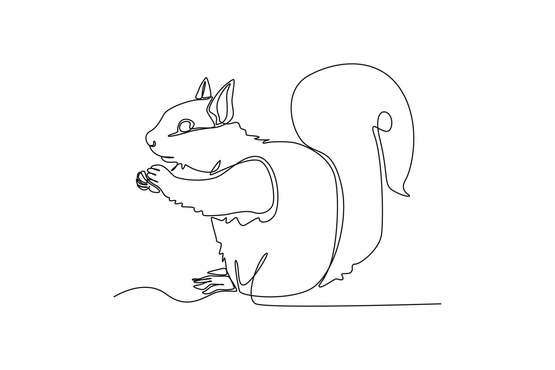 Continuous oneline drawing squirrel sits eating nuts. Animals concept