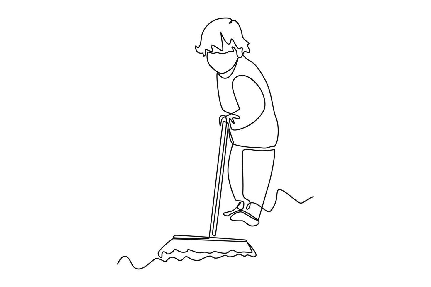Continuous oneline drawing boy sweeping in the kitchen. Kitchen