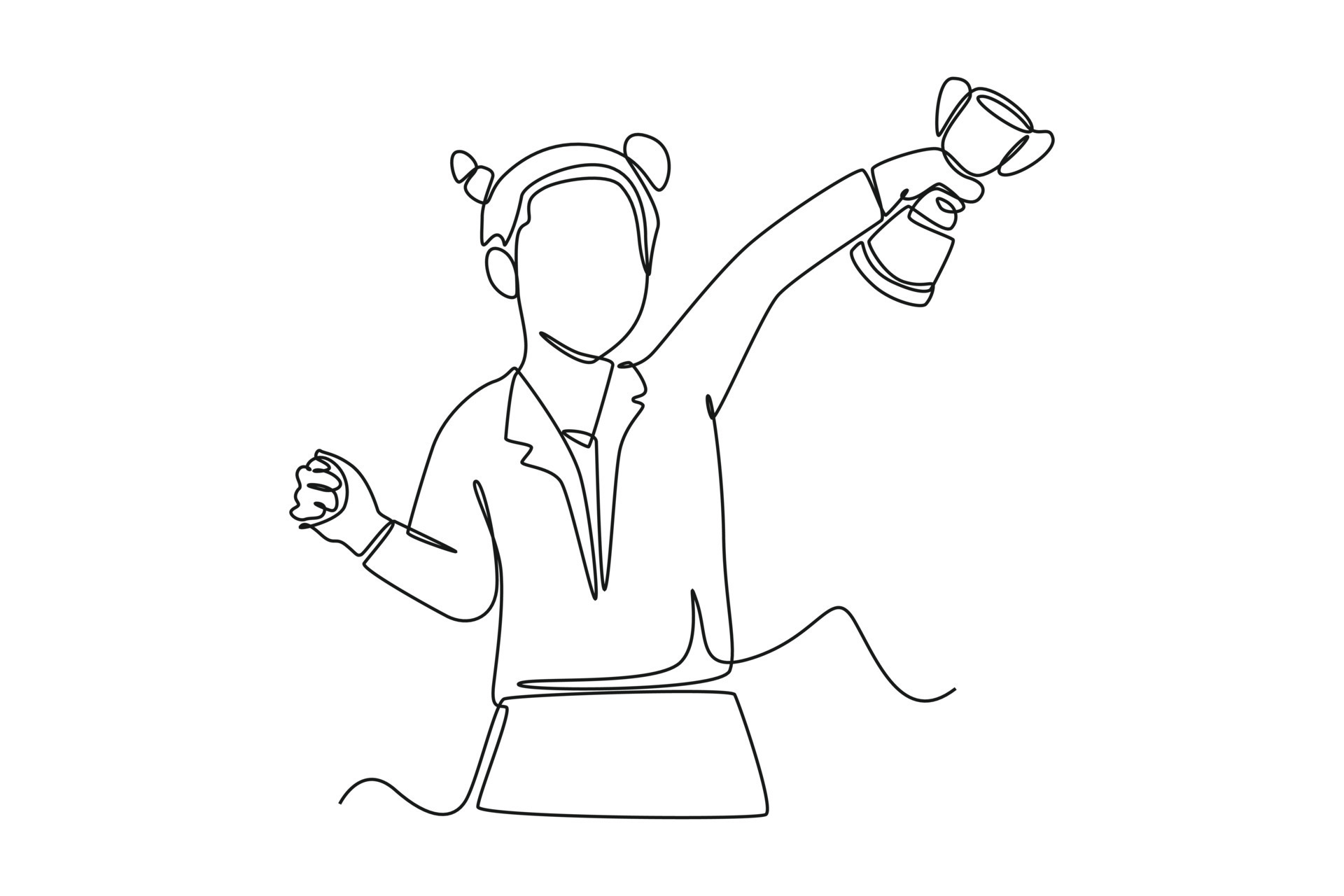 Single one line drawing of a woman holding up an employee award trophy