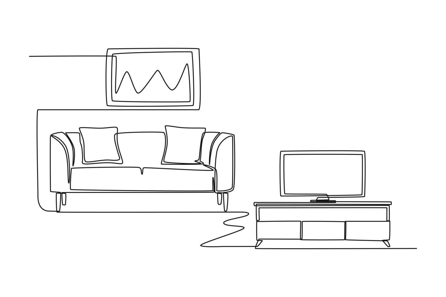 Continuous one-line drawing of living room decoration with sofa ...