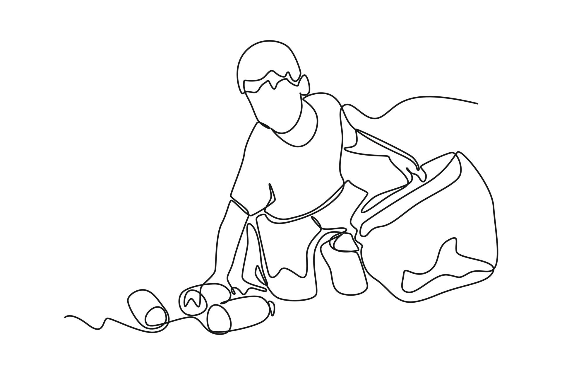Single oneline drawing boy is cleaning the trash in the park. Earth