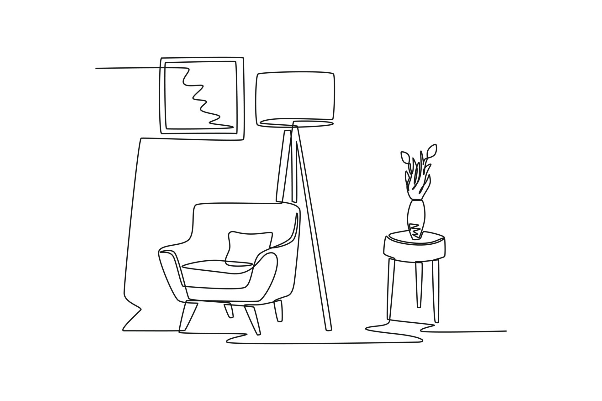 Continuous oneline drawing of aesthetic living room with sofa, lamp