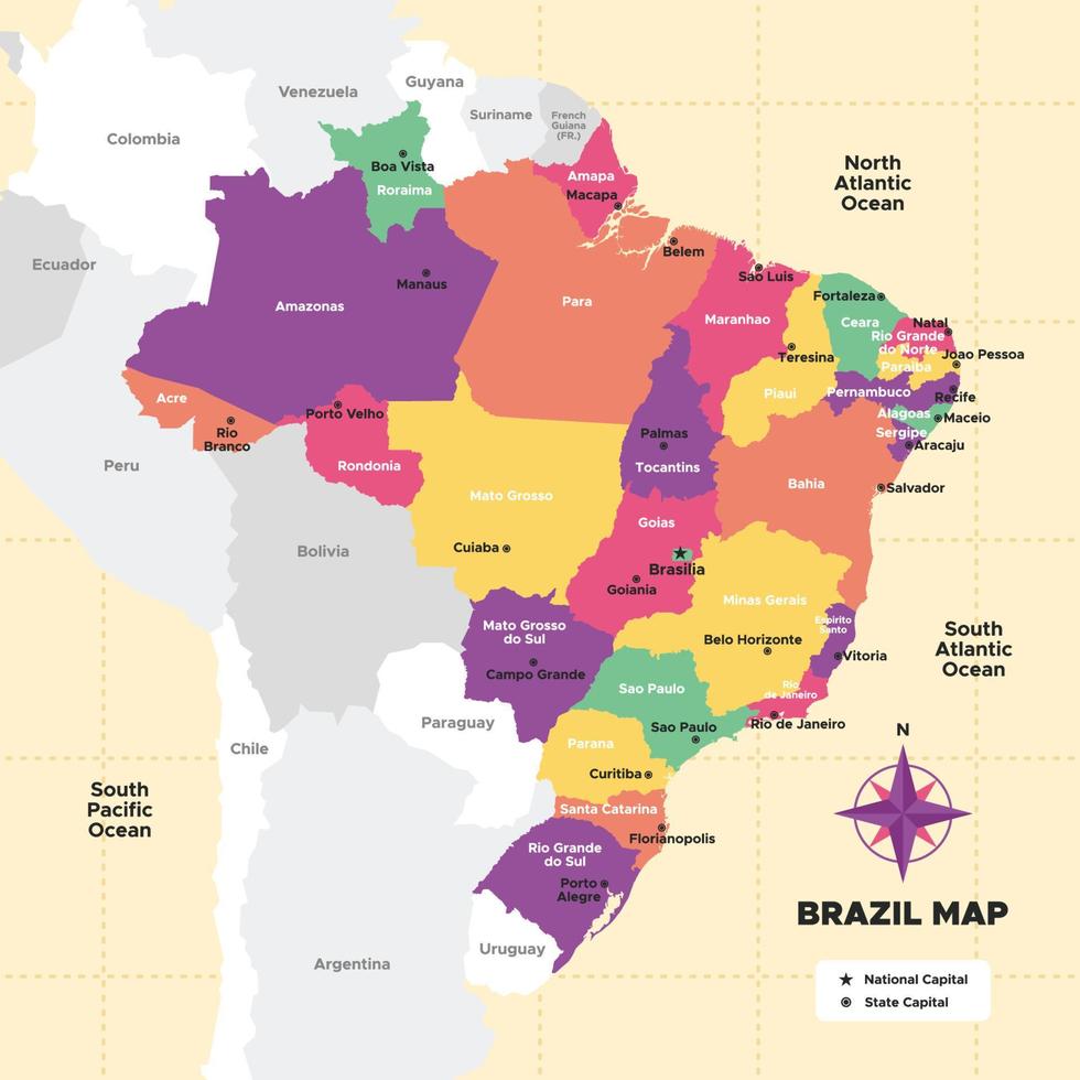 Brasil mapa con rodeando frontera vector