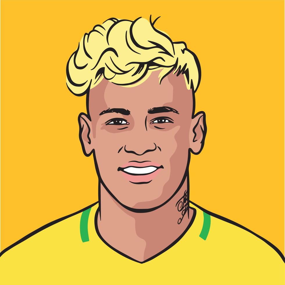 Brazilian footballer Brazil Neymar Jr vector portrait illustration. Yellow blackground