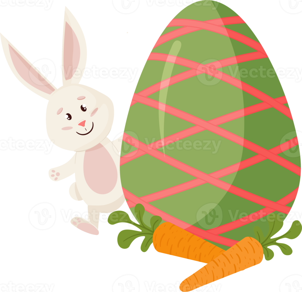 Bunny Character. Peeks out from Egg, Carrots. Funny, Happy Easter Rabbit. PNG