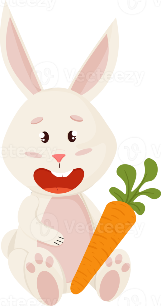 personnage de lapin. assis et riant drôle, joyeux lapin de dessin animé de pâques avec carotte png