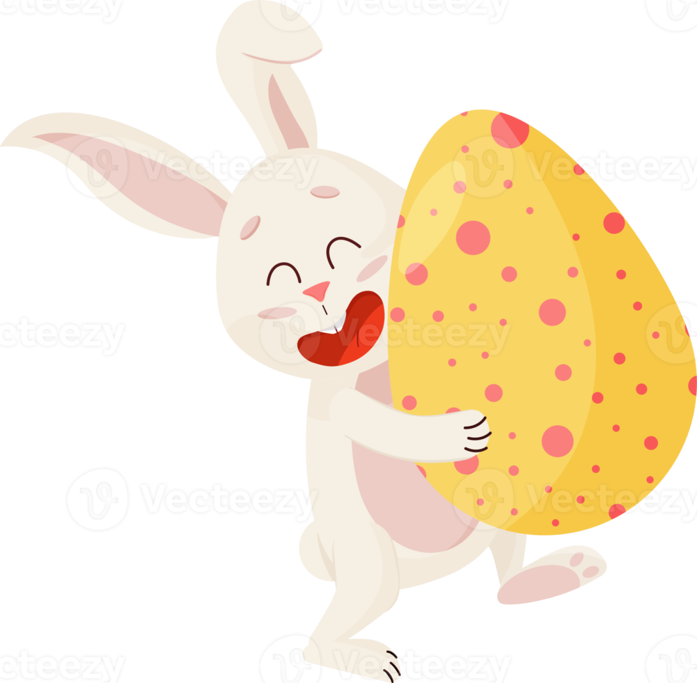 personaje de conejito. riendo divertido, feliz conejo de dibujos animados de Pascua con huevo png