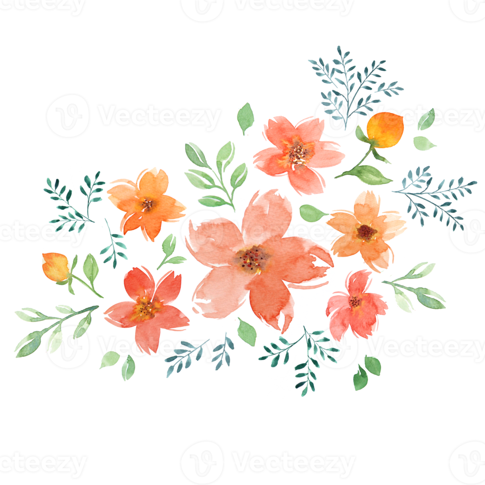 Orange Flower and Leaves Bouquet Watercolor png
