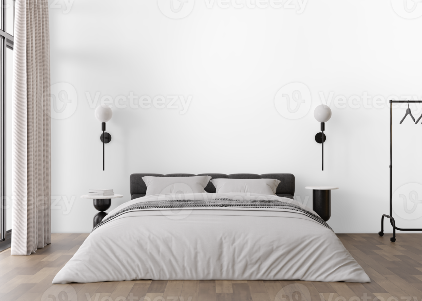 Wallpaper presentation mock up. Beautiful bedroom furniture and home accessories on transparent background. Copy space for wallpaper, wall panels, photo wallpaper, print or paint. Interior mockup. 3D png