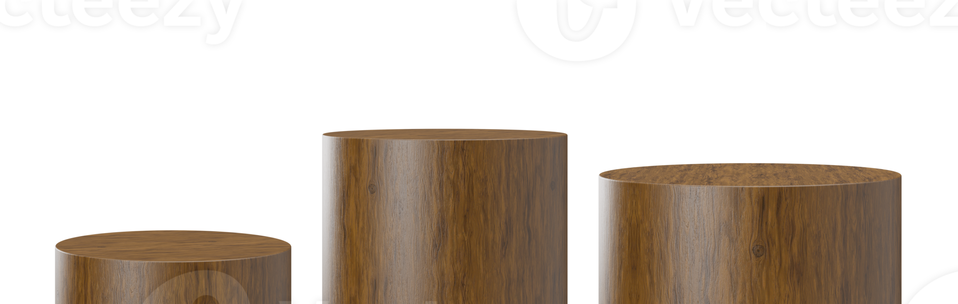 Three wooden round podiums on transparent background. Natural stage for product, cosmetic presentation. Mock up. Pedestal or platform for beauty products. Empty scene. Display, showcase. 3D render. png
