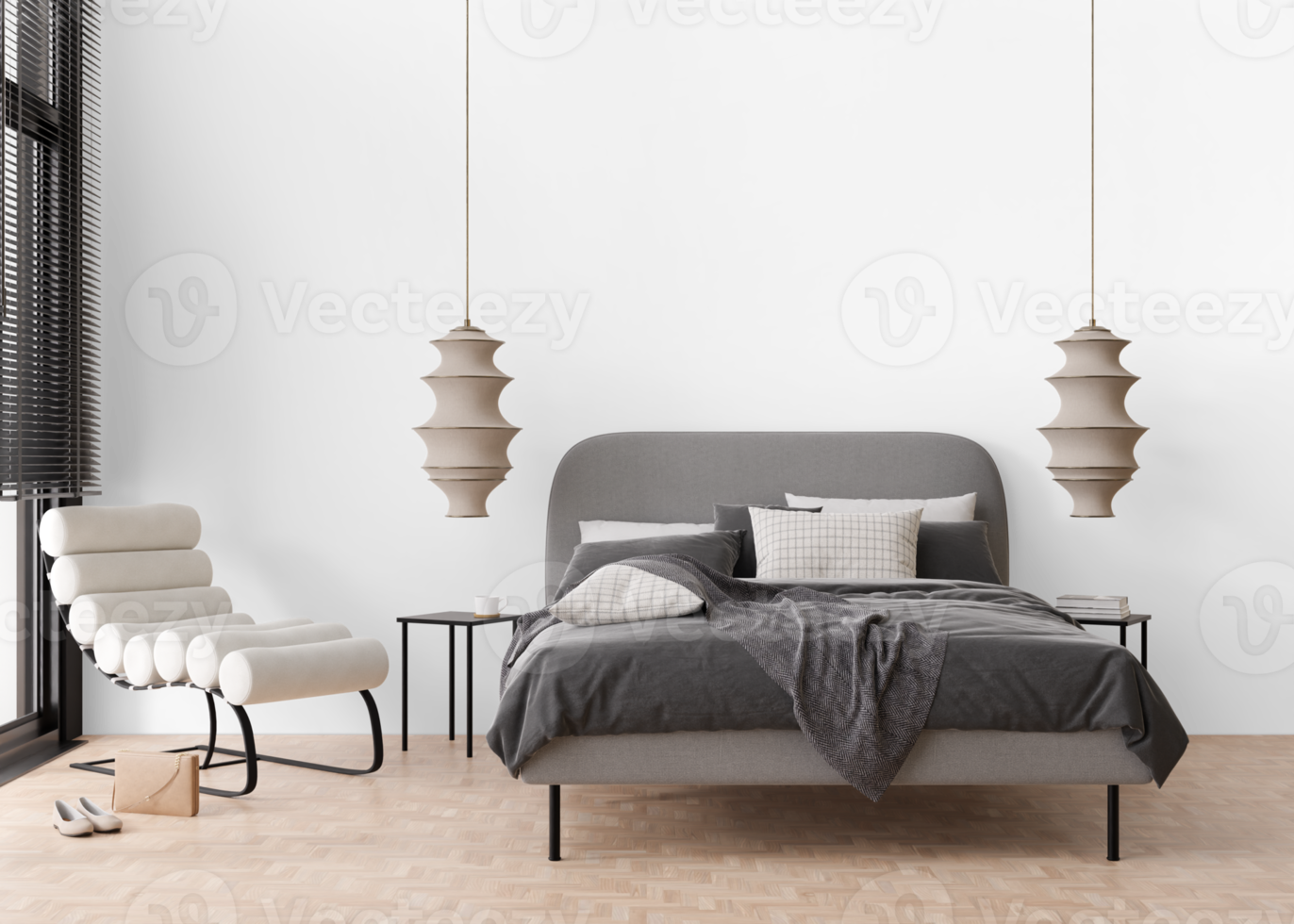 Wallpaper presentation mock up. Beautiful bedroom furniture and home accessories on transparent background. Copy space for wallpaper, wall panels, photo wallpaper, print or paint. Interior mockup. 3D png