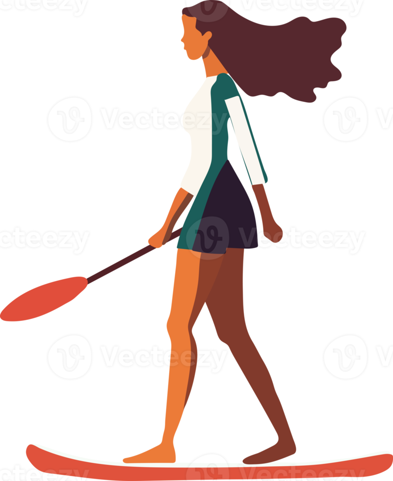 Young woman standing on sup board isolated. Flat png