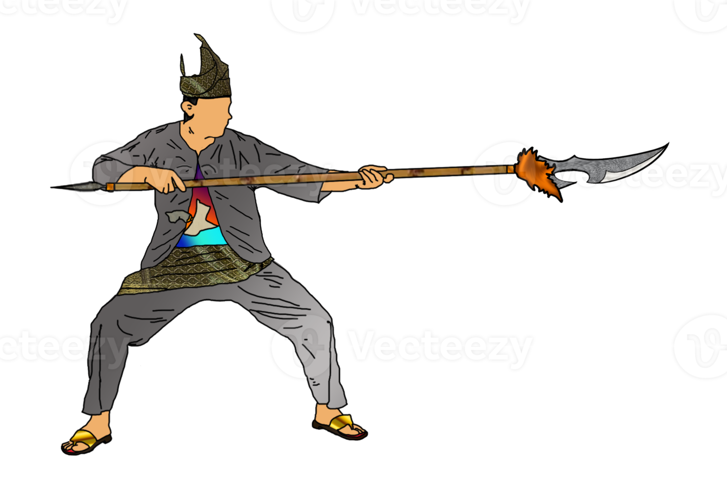 Icon of Malay Warrior doing step martial art using spear as weapon png