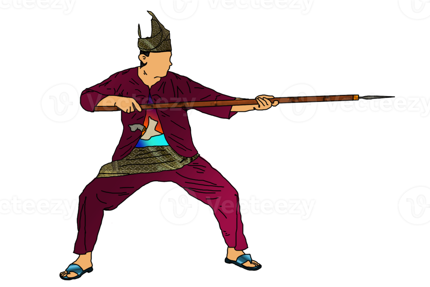 Icon of Malay Warrior doing step martial art using spear as weapon png