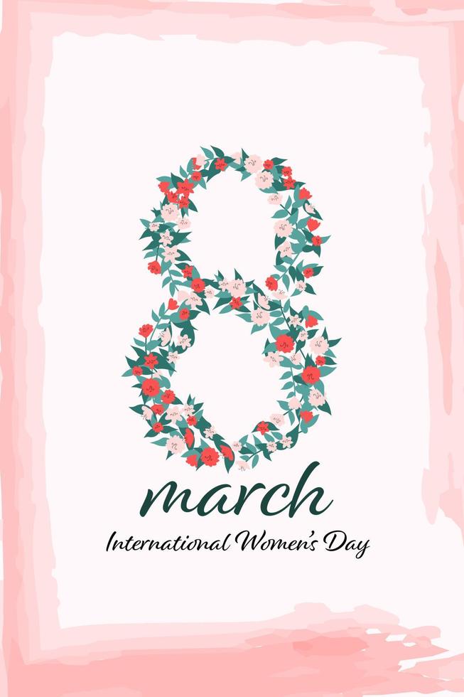 International Women's Day  postcard. Digit eight made of simple hand drawn tender flowers with text 8 march with watercolour effect background. vector