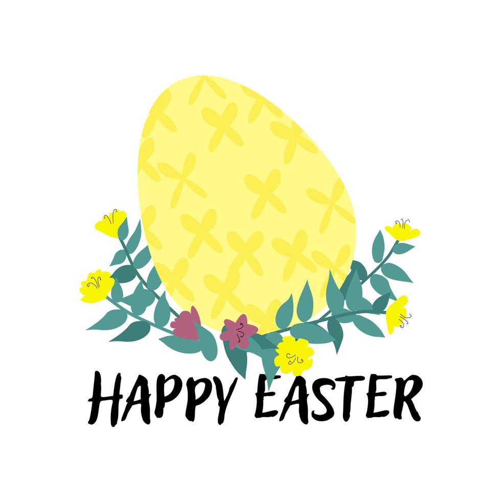 Easter egg with text Happy Easter and bouquet of flowers. Spring holiday greetings concept.  Modern style vector illustration with typography. Template for a postcard, social media post or cover.