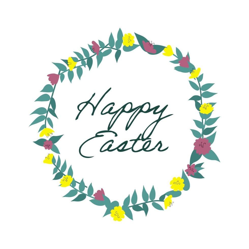 Flower wreath with text Happy Easter. Spring holiday greetings concept.  Modern style vector illustration with typography. Template for a postcard, social media post or cover.