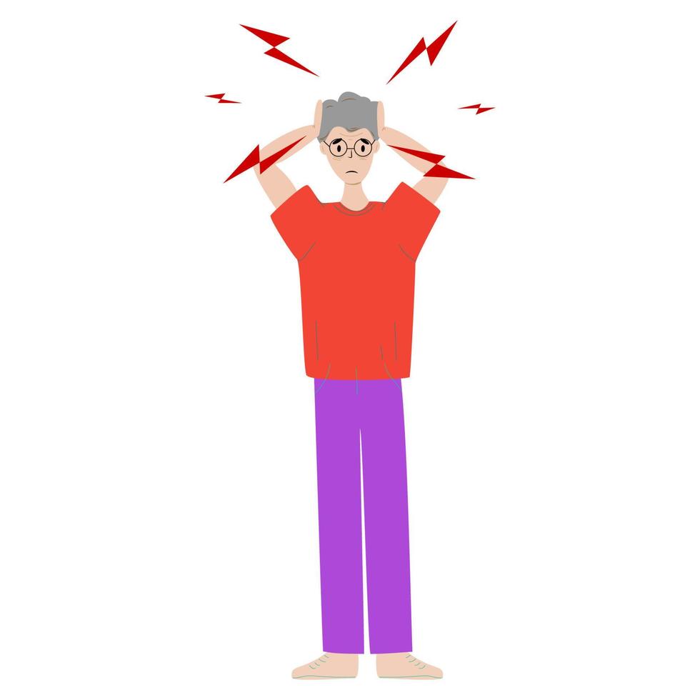Senior man having headache and migraines. Symptoms of a viral disease. Respiratory Illness, Virus Prevention. Isolated. Vector illustration.