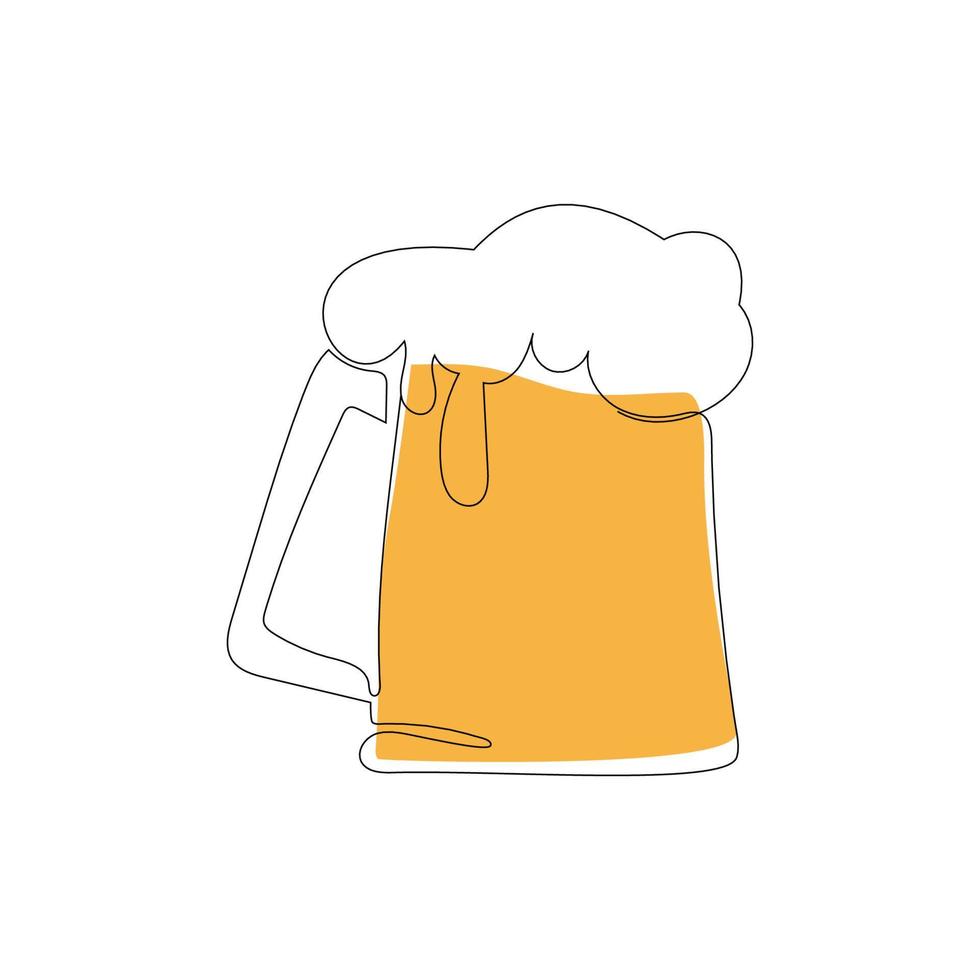 Glass mug with beer in continuous line art drawing style. Minimalist black line sketch on white background. Vector illustration.