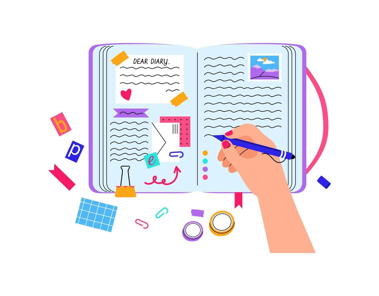 Woman holding pen, filling diary, taking notes in notebook, decorating with stick notes, photos, envelope and scotch. vector